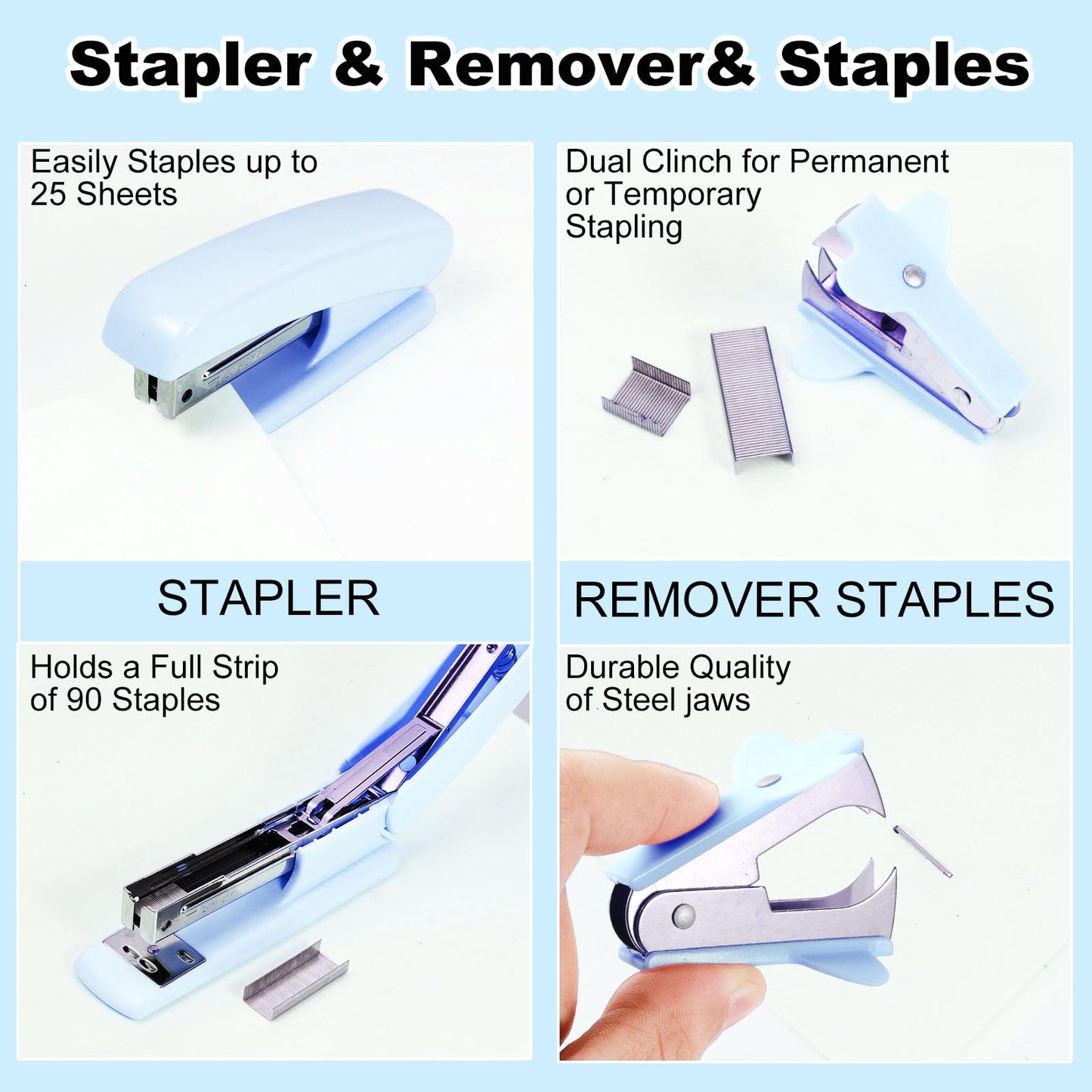 Gawsey Blue Desk Organizers and Accessories Set with 360-Degree Rotating Pen Holder, Tape Dispenser, Stapler, Staple Remover, 1000 Staples, Tape, Clips Set, Ruler, Scissor, Pen