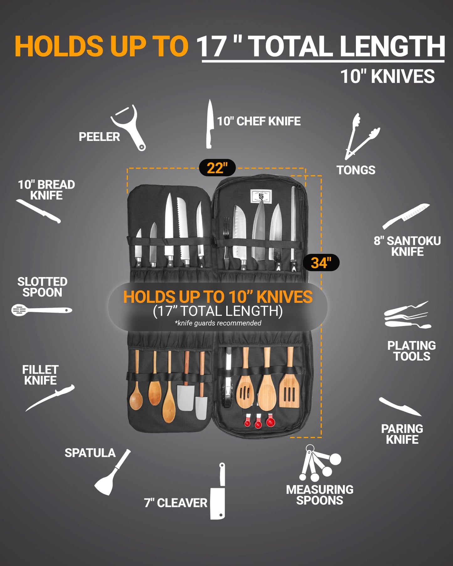 Chef Knife Bag Vintage Backpack VINTAGE, Professional Knife Carrying Case for Chefs & Culinary Students, 30+ Pockets, Holds 10" Knives, Water-Resistant 600D Material (Black)