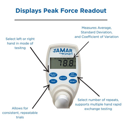 Jamar Smart Hand Dynamometer, Digital Lightweight Max Force Indicator to Measure Hand & Grip Strength, Cordless Device with Wireless Connection to Mobile App, Easy Squeeze Adjustable Evaluation Tool