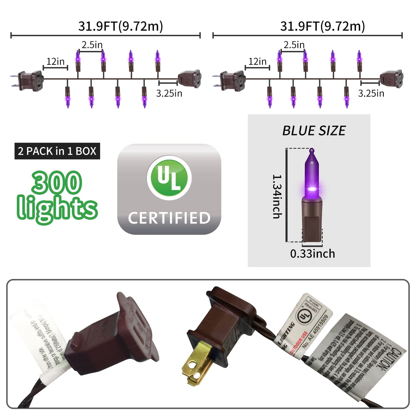 GLOWNOVA Brown Wire, Purple Incandescent Bulb 300(150L*2pcs) Mini String Lights for Indoor Halloween Tree Home Party Festival Decoration