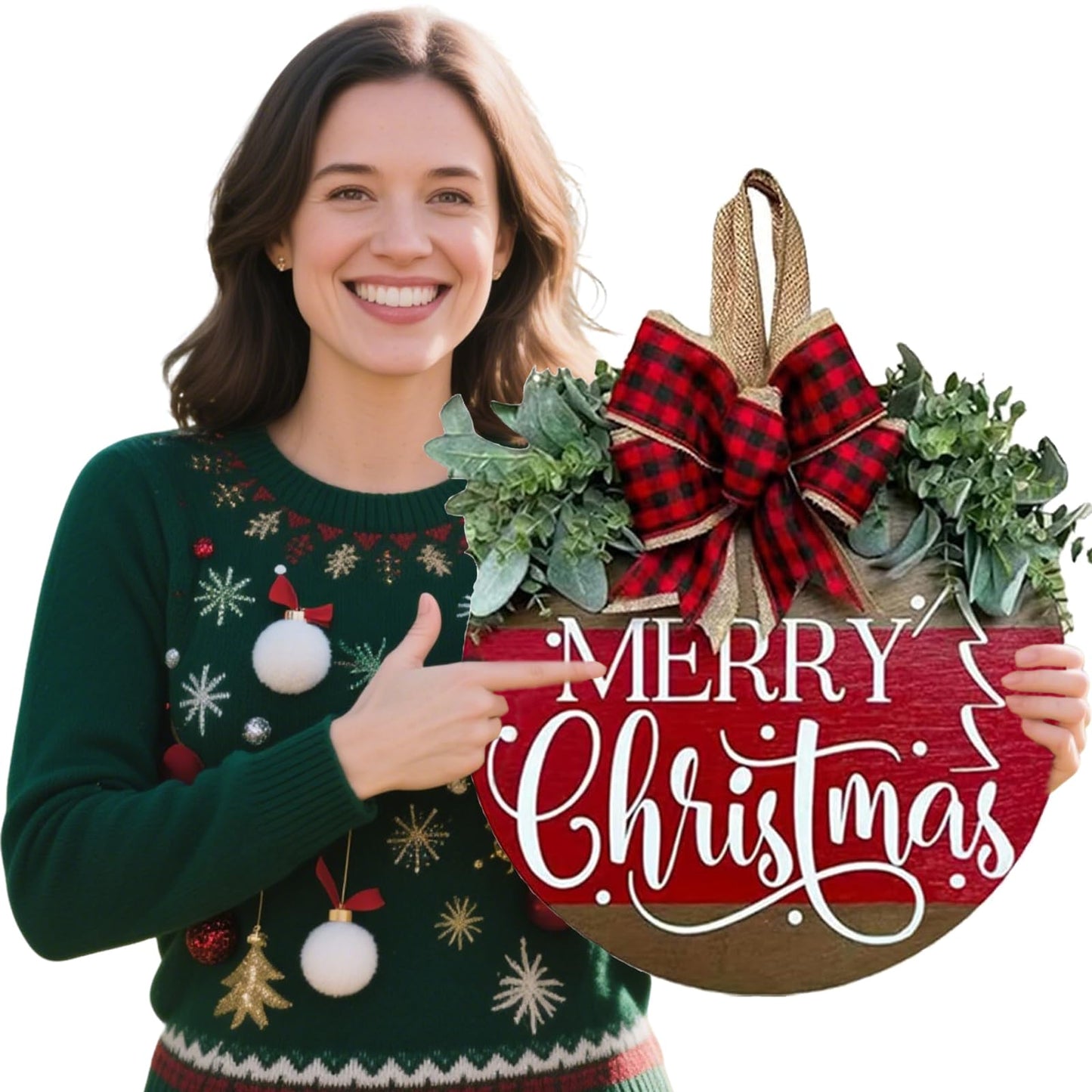 Merry Christmas Hanging Sign for Front Door, Wooden Welcome Wreath with Bow for Holiday Rustic Farmhouse Outdoor Wall Window Decor (Merry Christmas Wreath)