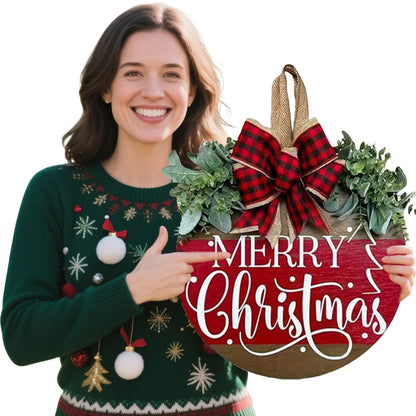 Merry Christmas Hanging Sign for Front Door, Wooden Welcome Wreath with Bow for Holiday Rustic Farmhouse Outdoor Wall Window Decor (Merry Christmas Wreath)