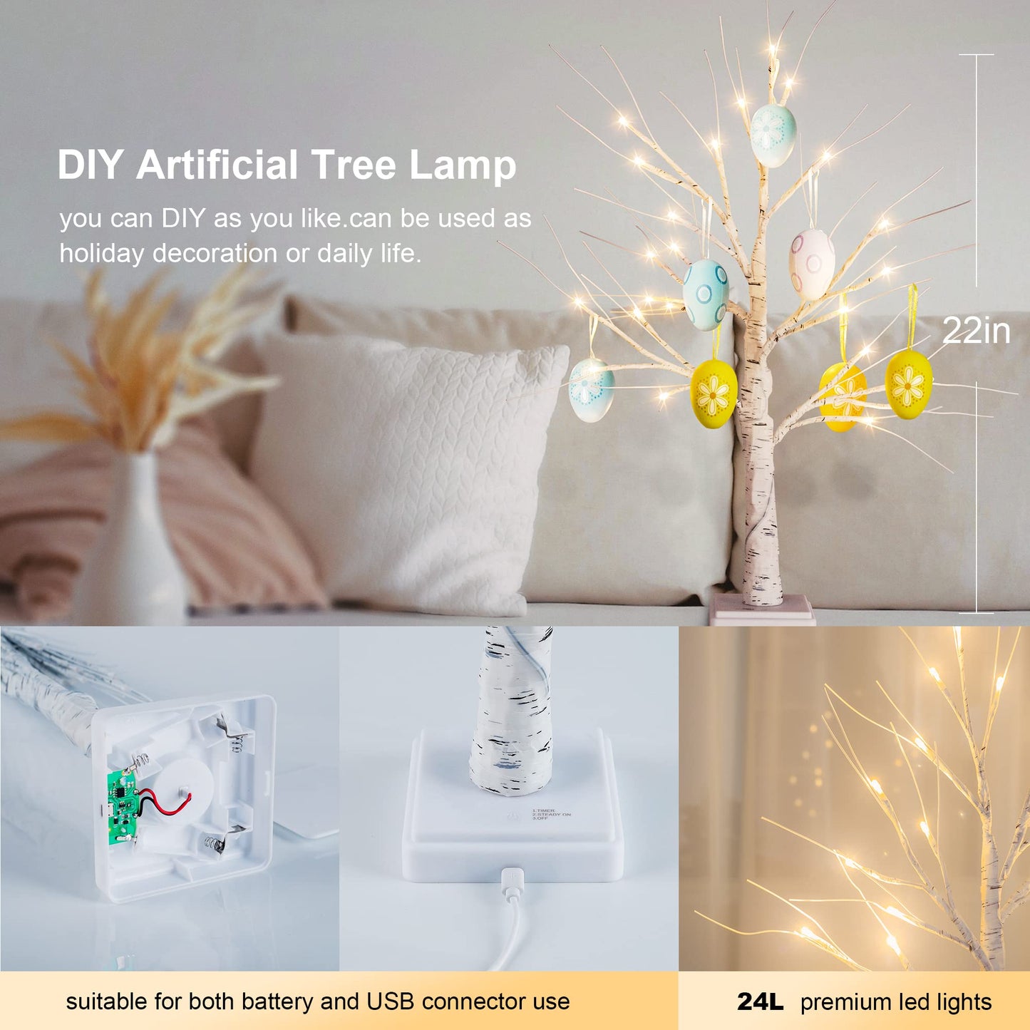 Woohaha Birch Tree for Christmas Decorations,2ft 24LED Warm White Lighted Birch Tree，Battery USB Timer Tabletop Artificial Mini Tree with Lights for Home Indoor Holiday Party Wedding Graduation Decor