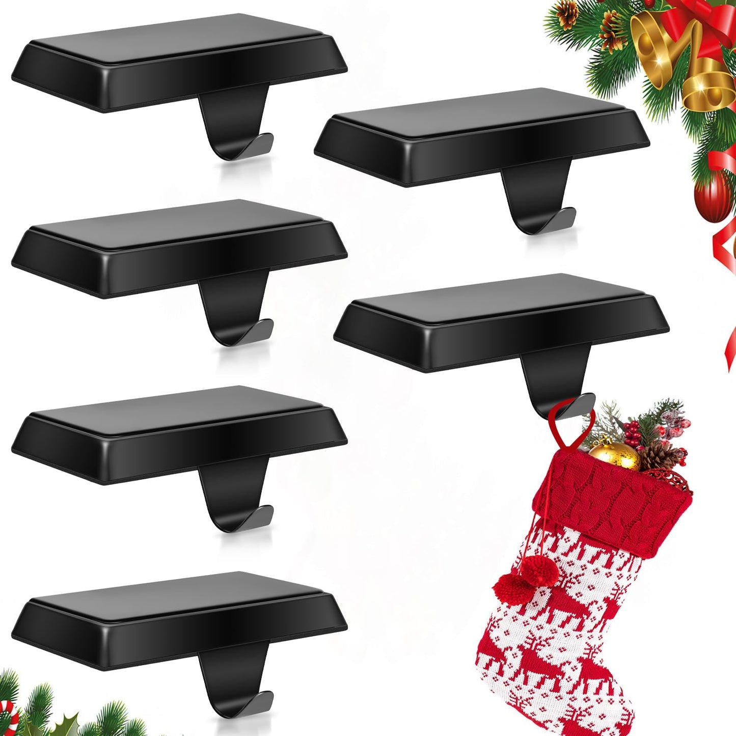 ToiULik Set of 6 Metal Christmas Stocking Holders for Mantle Heavy Duty Stocking Hangers Stocking Hook Christmas Ornaments for Counter Tables Window Fireplace Mantle Decoration(Black)