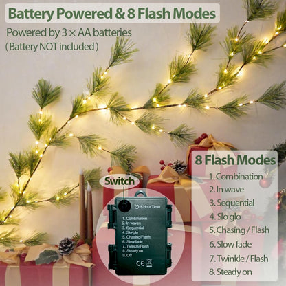 2025 New 6.56FT Christmas Pine Garland Lights 96 Warm White LED Lights 8 Flash Modes Battery Operated with Timer Lighted Smoky Pine Garland for Mantle Fireplace Indoor Home Christmas Decoration