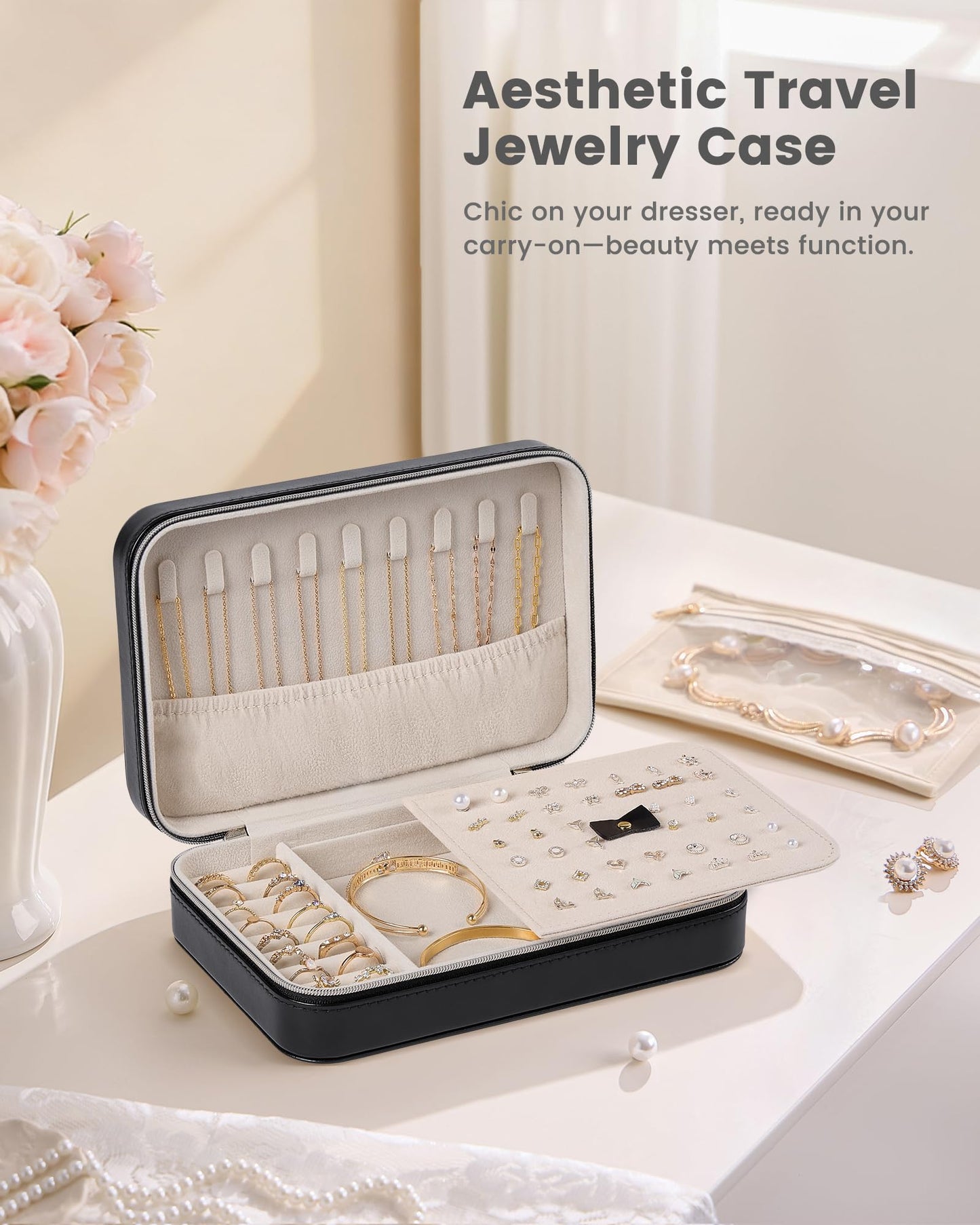 Lolalet Travel Jewelry Case for Women Girls, PU Leather Jewelry Organizer with Clear Storage Bag Small Portable Jewelry Box for Necklace Bracelet Earring Ring Birthday Bridesmaid Gifts -Large/Black