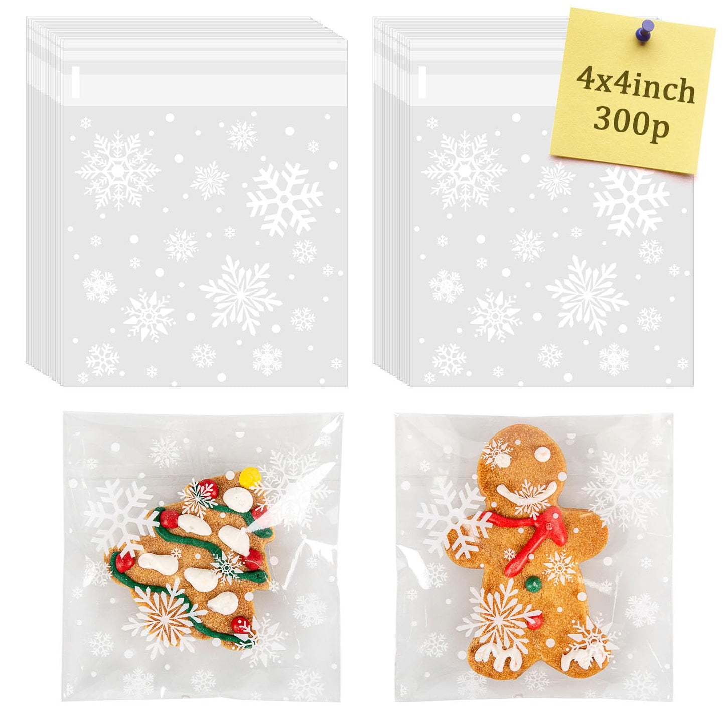 CUDICY Christmas Cookie Bags 300pcs Snowflake Cellophane Treat Bags 4x4 Self Adhesive Cookie Bag for Gift Giving Packaging Candy Goodie Holiday Homemade Bakery