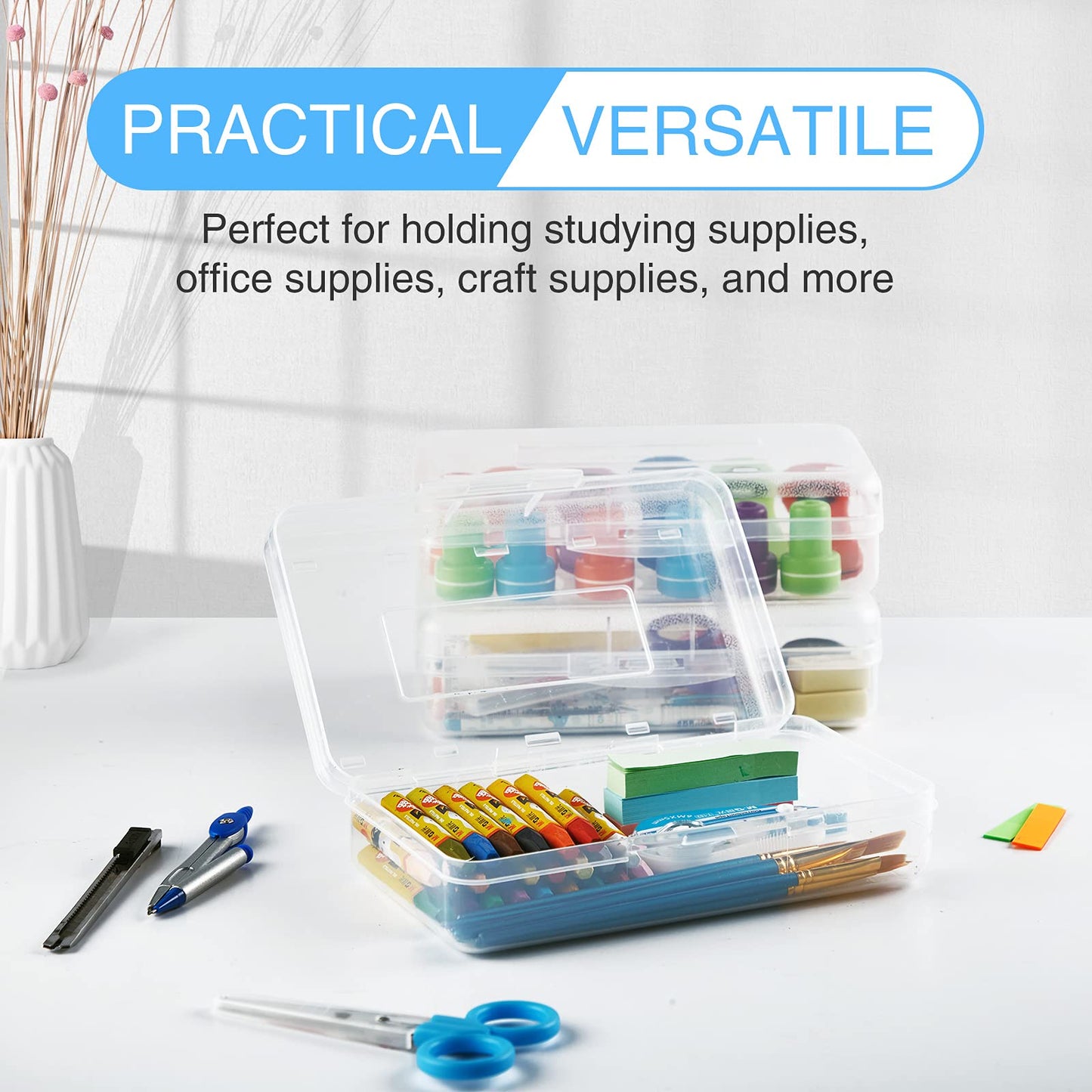 Sooez 3 Pack Pencil Case, Large Hard Pencil Box Bulk, Clear Crayon Box Marker Pen Organizer, Plastic Storage Container with Snap Lid, Stackable Art Craft Organizer Back to School Supplies, Clear