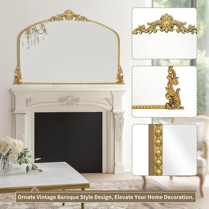 Growsun Vintage Gold Arched Mirror, 40’’x30’’ Antique Baroque Ornate Wall Mirror Decor with Full Metal Frame for Fireplace/Entryway/Living Room/Bathroom