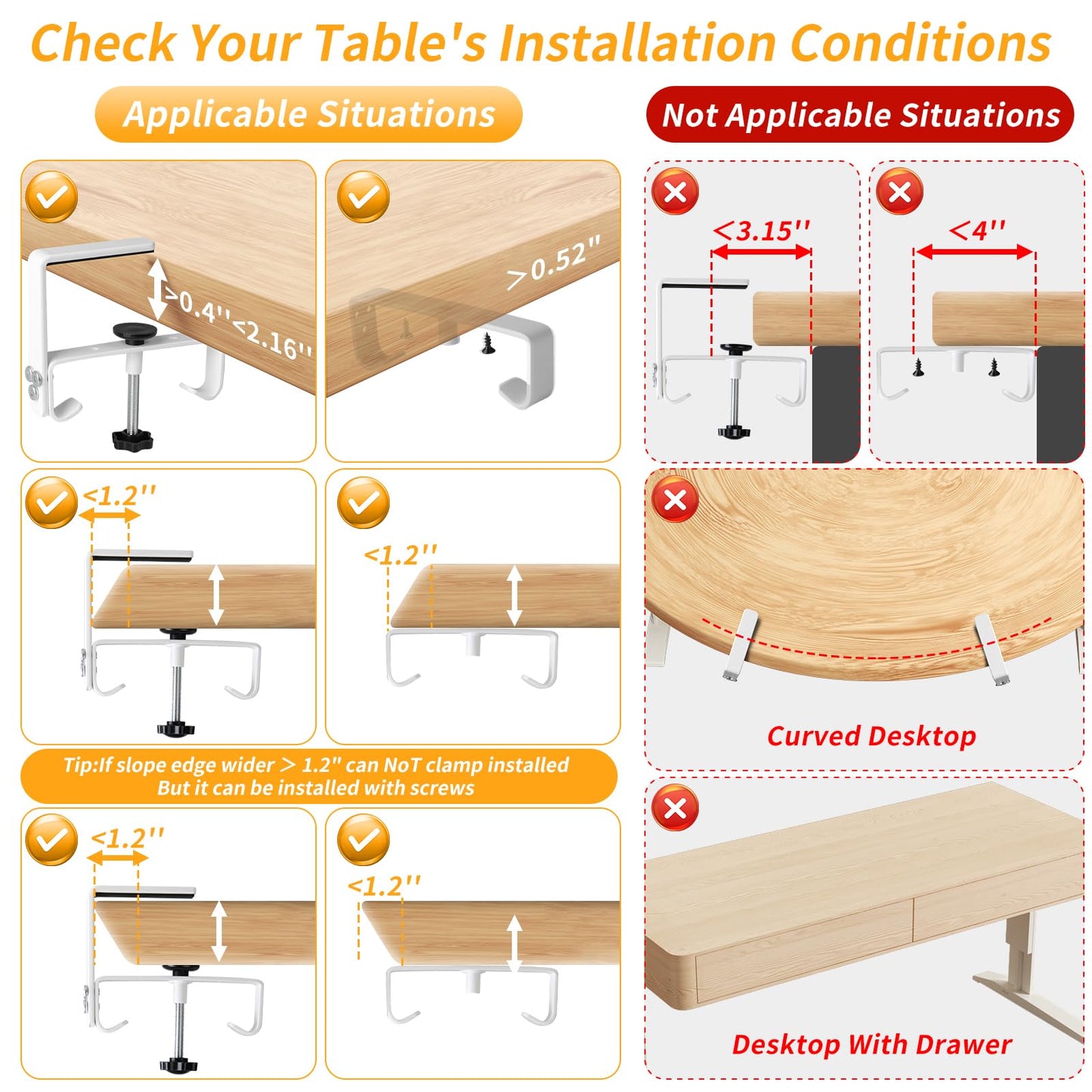 SUREUP9 Under Desk Cable Management Tray with Clamp, No Drill 36" Cord Organizer for Desk, Desk Cable Management Fabric Tray for Standing Desks, Ideal for Home & Office - White