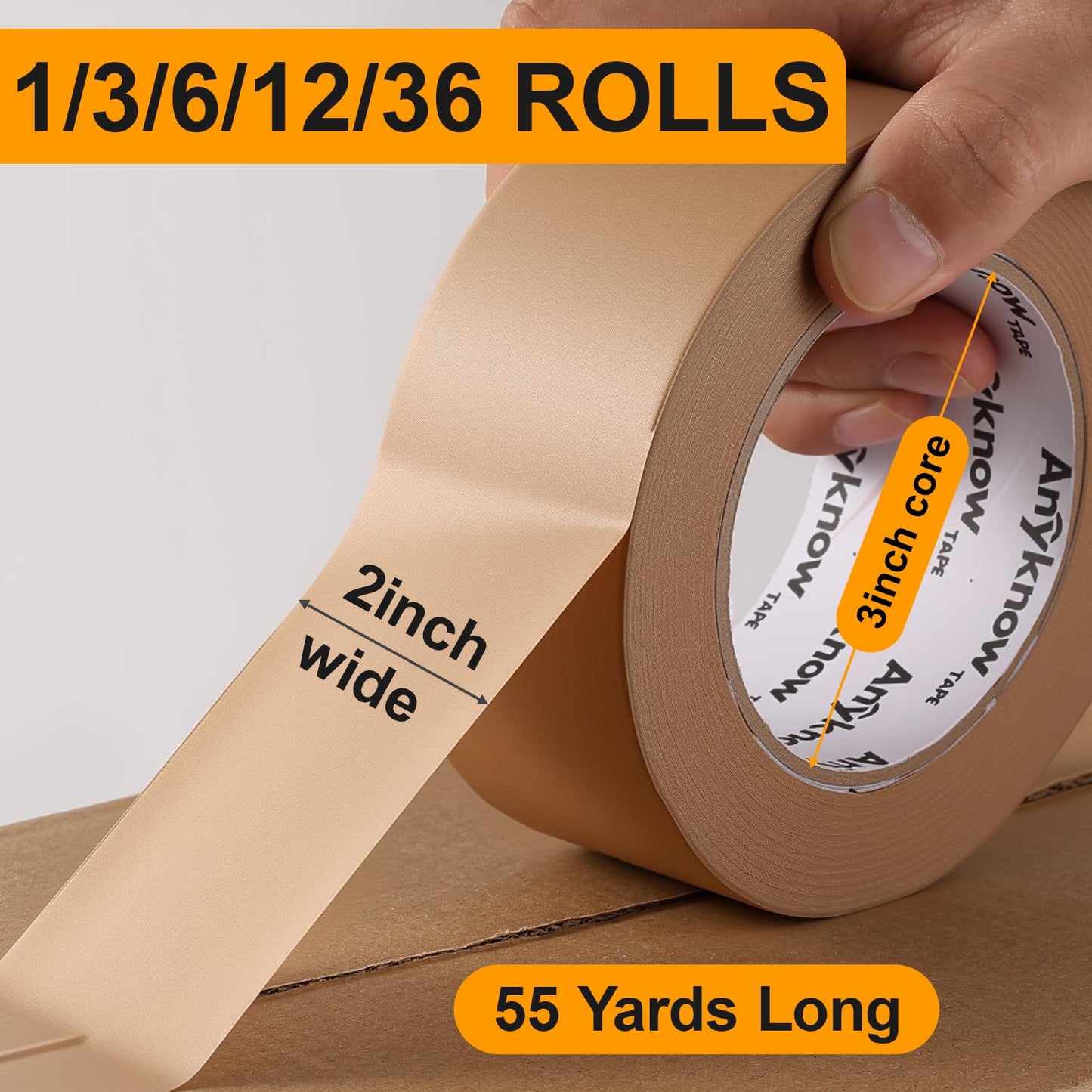Anyknow Kraft Paper Packing Tape (6 Rolls), 2 Inch x 55 Yards, Heavy Duty Brown Shipping Tape with Natural Rubber, Silent & Writable Self-Adhesive for Moving & Small Business