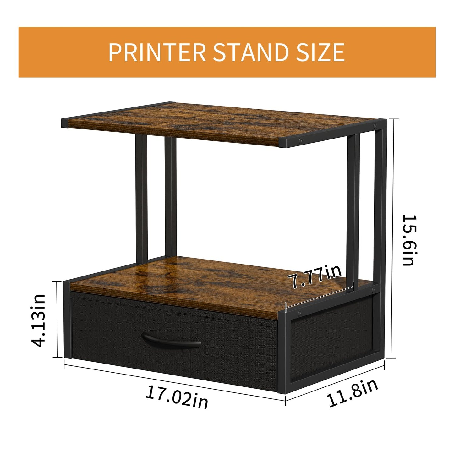 VYUOL Printer Stand with Storage for Desk, with Fabric Drawer Desktop Printer Stand Shelf Organzier for Home Office, for Above and Under Desk Printer Table, Fax Machine Copier Scanner, Brown