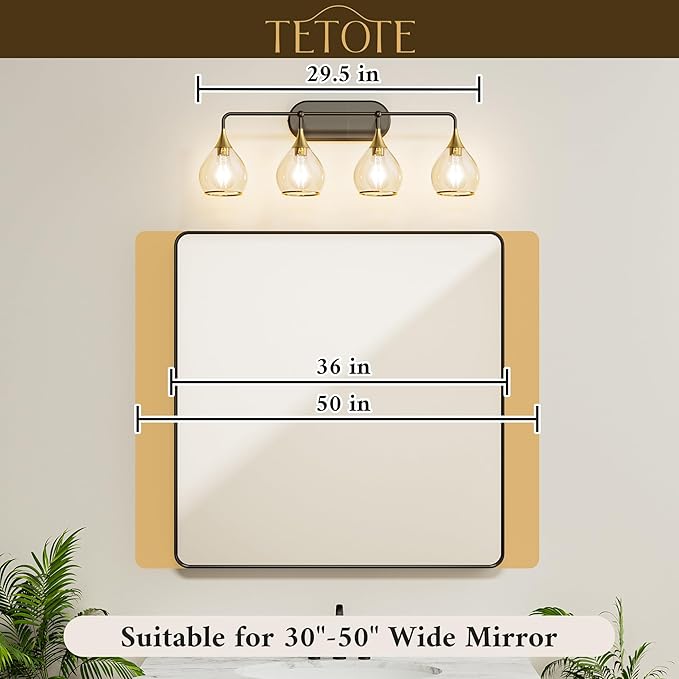 TETOTE 4-Light Modern Bathroom Light Fixtures, 4 Light Vanity Lights Over Mirror Gold Wall Lamp with Clear Glass for Bathroom, Mirror, Living Room, Bedroom, Hallway