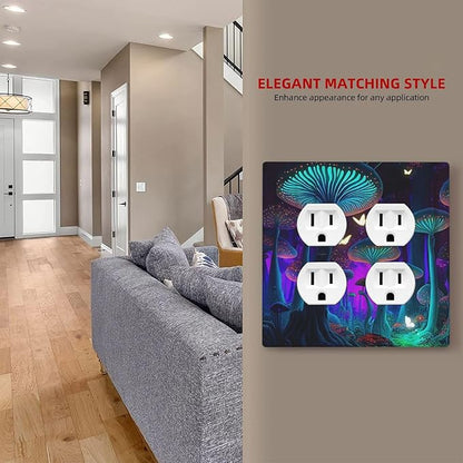 Decorative Light Switch Cover Plate Fantasy Mushroom Forest Glowing Butterfly 2 Gang Socket Covers Double Duplex Wallplates Switch Plates and Outlet Covers for Bathroom Home Decor