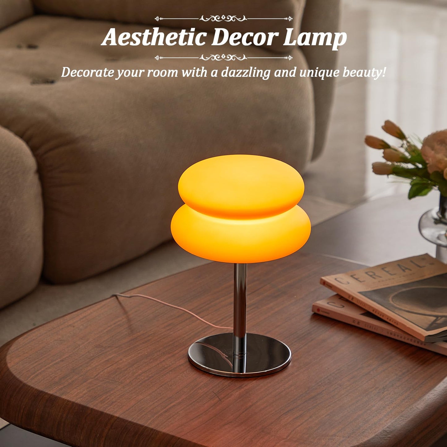 LSTVZSNRX Orange Mushroom Lamp, Mid Century Modern Lamp for Nightstand, Dimmable Retro Egg Tart Bedside Lamps, Home Decor Ambient Lighting Aesthetic Cute Lamps for Bedroom Living Room (NOT Glass)