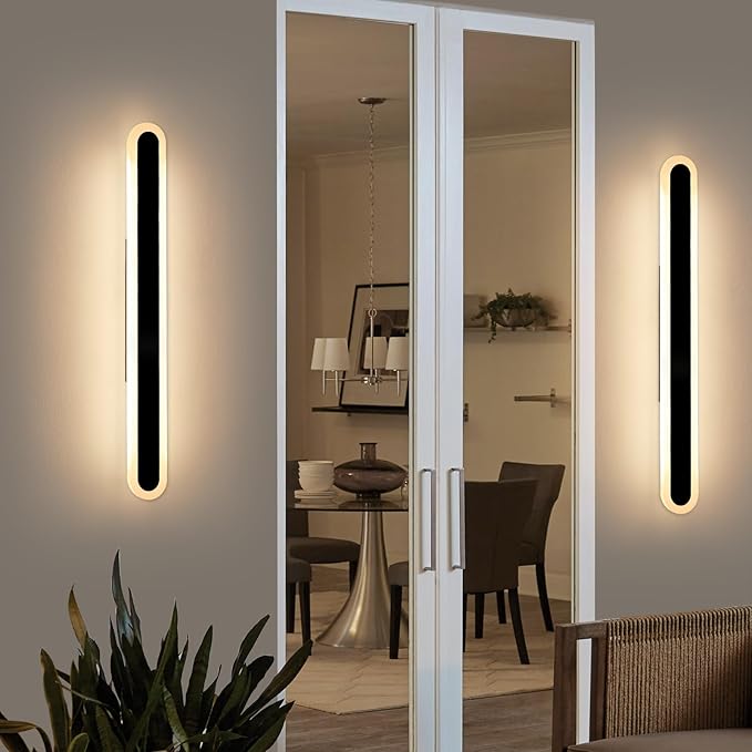 2 Pack 39.3inch Long Outdoor Led Wall Lights, IP65 Waterproof Black Outside Porch Sconces, 3 CCT 3000K/4500K/6000K, 36W, Oval Modern Exterior Wall Lighting for Garage, Patio, House, Garden