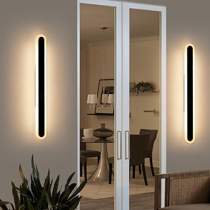 2 Pack 31.4inch Modern Outdoor LED Wall Sconce, 3000K Warm White, Black Oval Exterior Wall Light Fixture, 31W, IP65 Waterproof Long Strip Led Lighting for Porch, Patio, Garage, Yard