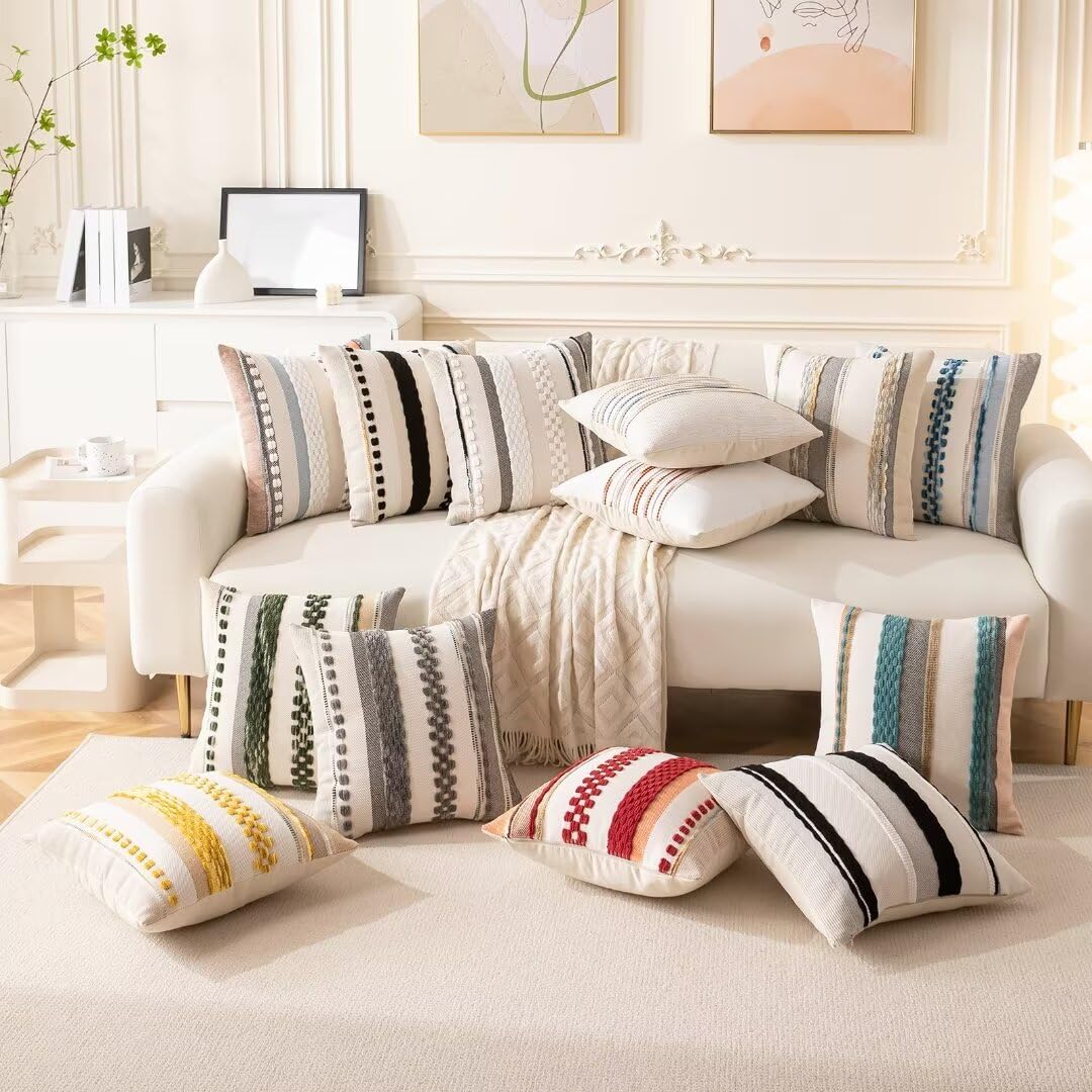 WANLIRD Boho Throw Pillow Covers 18x18 Set of 2 Farmhouse Decorative Cushion Case Striped Square Pillows Cover Chenille Pillow Cases Accent Neutral Pillowcase for Sofa Couch Bed,Orange-Gray