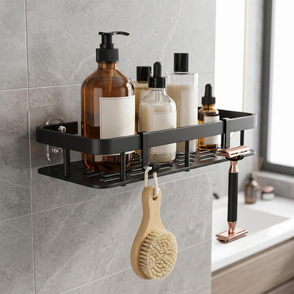 Wall Mounted Shower Caddy Shelf with Hooks, Bathroom Kitchen Organizer Rack for Save Space No Drill Adhesive Storage for Shampoo Conditioner Cosmetics Toiletarticles and Miscellaneous ltems