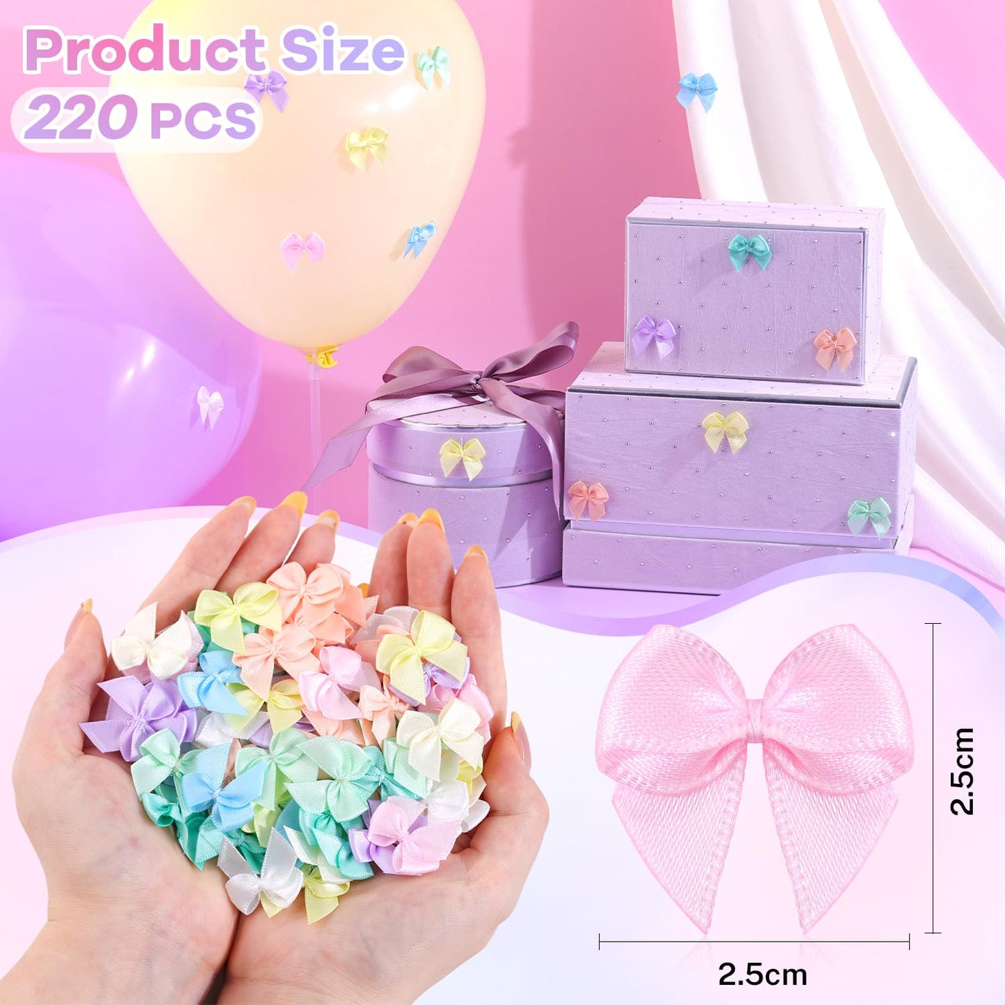 220PCS Tinkrstuff Macaroon Mini Bows for Crafts, 1" Fabric Small Bows for Decoration,Satin Ribbon Tiny Bow for Clothes Ornament, Cute Christmas Tree Bows &Thanksgiving Gifts Party Cake Balloon Decor