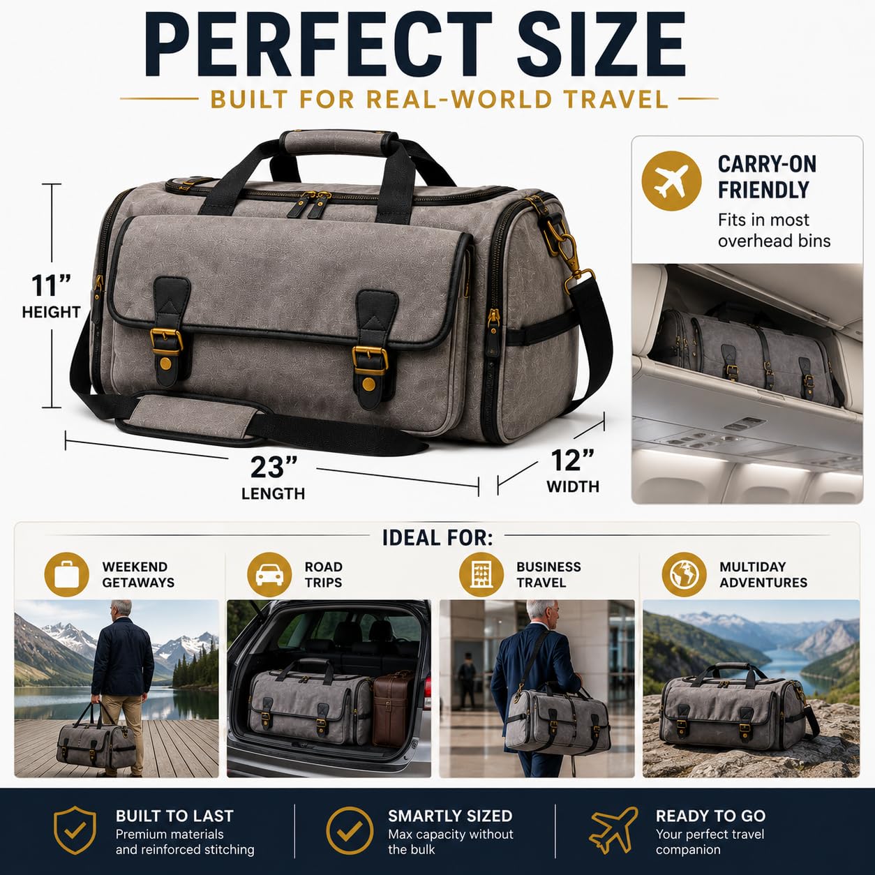 Oversized Canvas Weekender Duffel Bag for Men, Gift for Dad, Genuine Leather Trim & Brass Hardware, 23" Carry-On Travel Bag, Large Overnight Weekend Bag, Gray