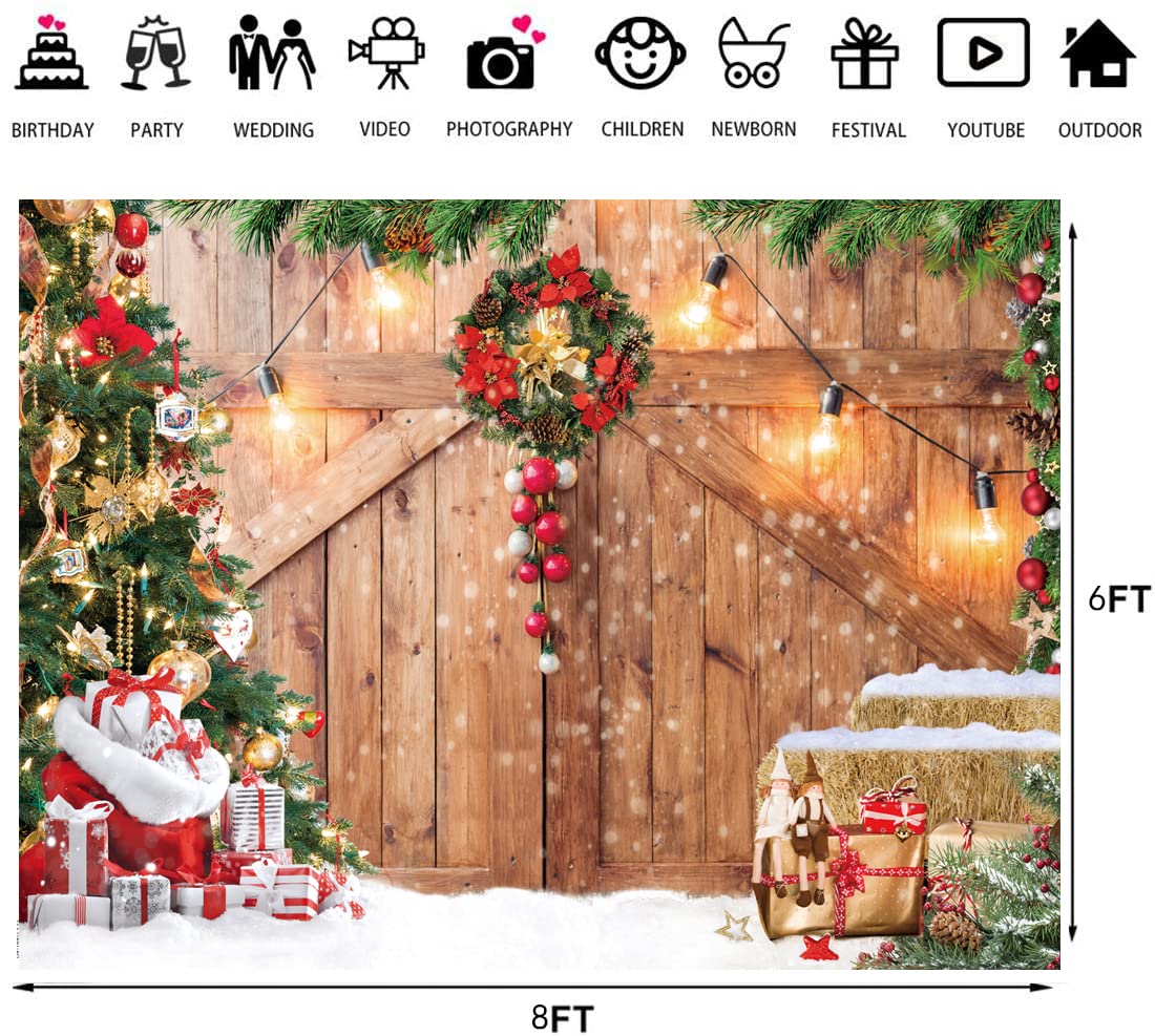 LTLYH 8x6ft Christmas Barn Backdrop Xmas Tree Snow Gift Wall Floor Party Photo Background Winter Holiday Family Supplies Banner Decoration Studio Props 164