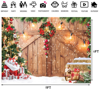 LTLYH 8x6ft Christmas Barn Backdrop Xmas Tree Snow Gift Wall Floor Party Photo Background Winter Holiday Family Supplies Banner Decoration Studio Props 164