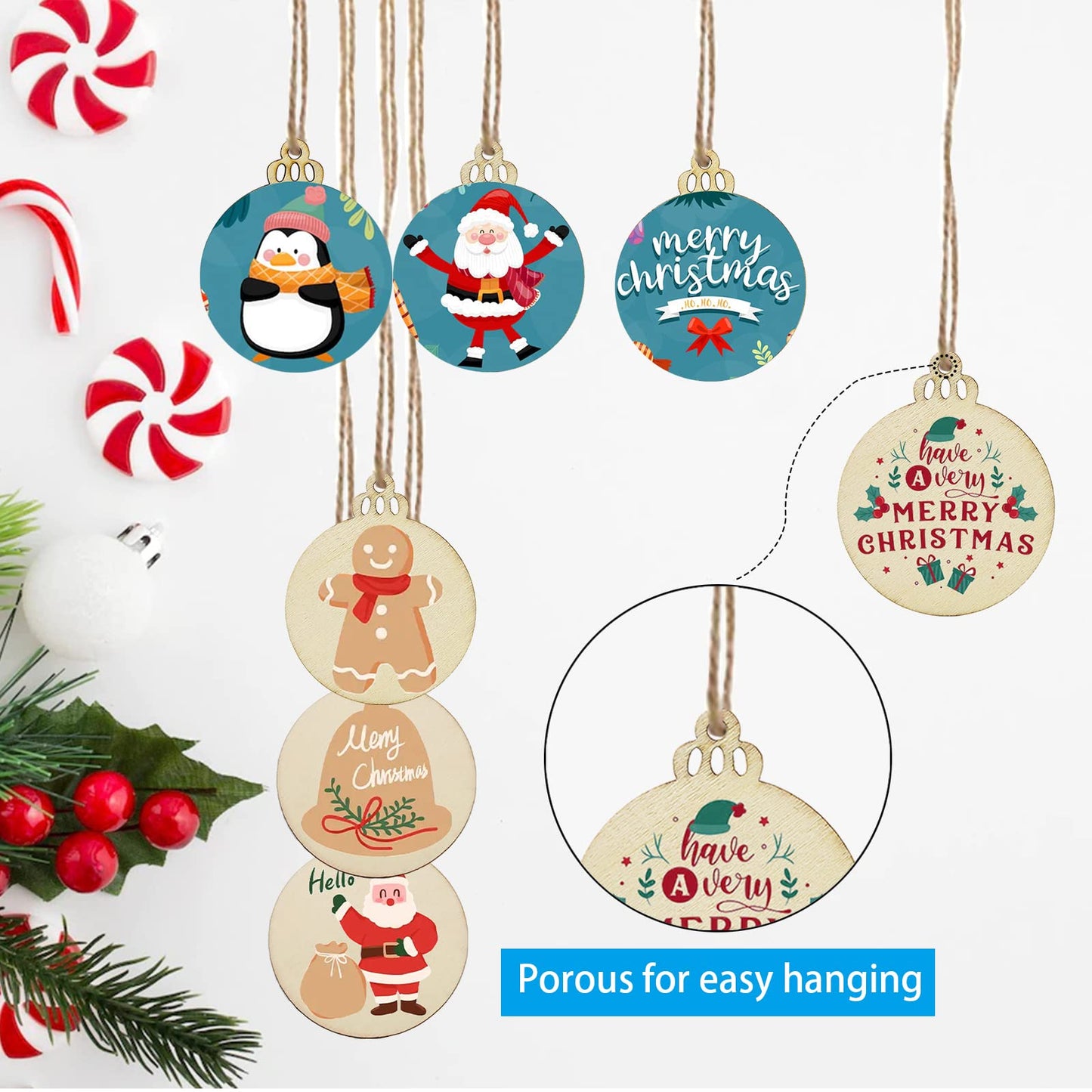 LEBERY 50Pcs Wooden Christmas Ornaments Unfinished Natural Wood Cutouts Ornament Predrilled Wooden Christmas Cutouts for Crafts to Paint DIY Centerpieces Hanging Decorations