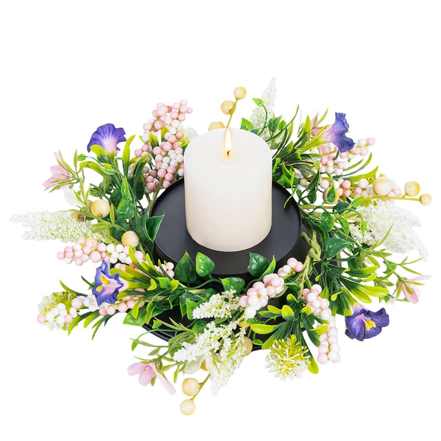 MOYEE Centerpieces for Tables Wreath with Candle Holder,Candle Ring, Black Metal Candlestick with an Artificial Wreath 14 in Versatile Dining Table Centrepiece
