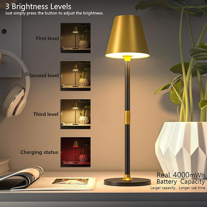 LED CordlessTable Lamp,4000mAh Rechargeable Battery Desk lamp,3 Level Brightness Beside Night Light, Minimalist Design, for Couple Dinner/Coffee Table/Restaurant/Bedroom(Gold&Black 4PACK)