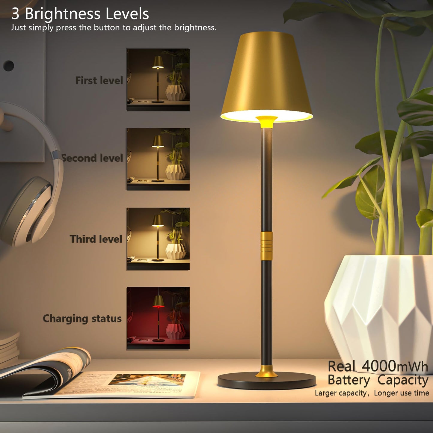 Timjorman 2-Pack Cordless Table Lamps - 5000mAh Rechargeable Battery Operated Desk Lamp, 3-Level Dimmable LED Night Light for Bedroom, Dining, Restaurant - Metal Design(Gold&Black 2-Pack)