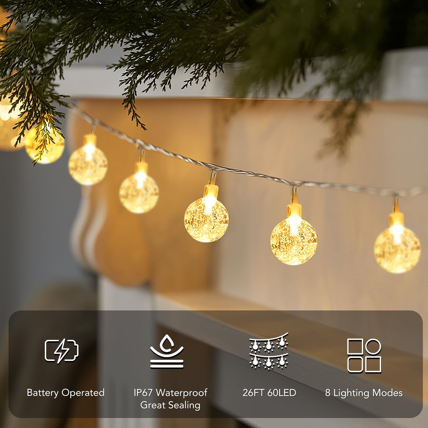Metaku Globe String Lights Fairy Battery Operated 26ft 60LED with Remote Waterproof Indoor Outdoor Hanging Decorative Christmas for Home Party Patio Garden Wedding