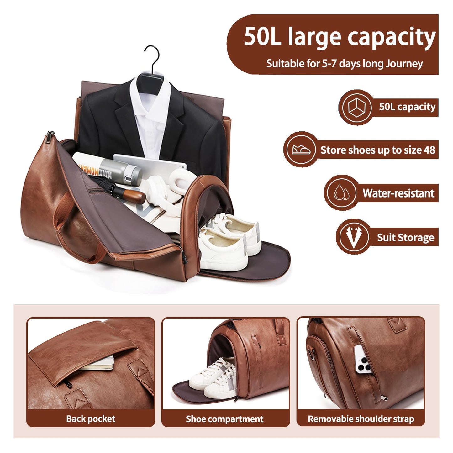 Leather Garment Bag，Convertible Garment Duffel Bag for Travel Mens Suit Bag 2 in 1 Waterproof Foldable Carry on Garment Bag with Shoulder Strap Weekender Bag with Shoe Pouch