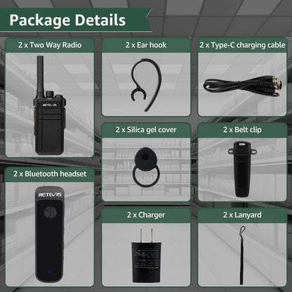Retevis RB37 Bluetooth Walkie Talkies,Bluetooth Two Way Radio New Version,2000 mAh&120h Standby Long Battery Life,Wireless Earpiece,Flashlight,VOX,Type-C,2 Way Radio for Church Hospital Family(2Pack)