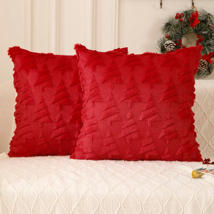 All Smiles Christmas Decorative Pillow Covers 18x18 Set of 2, Xmas Navidad Ornaments Soft Plush Faux Fur,Decorations Winter Holiday Couch Cases Home Decor for Sofa Livingroom Bed,Red