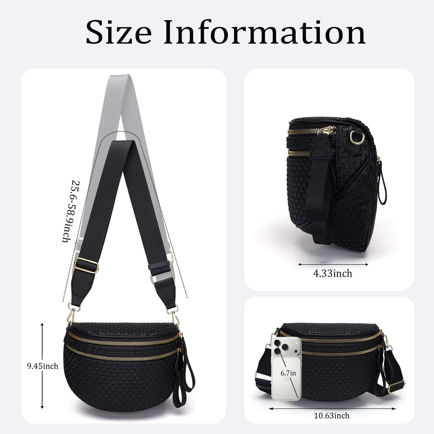 AMZFROG Checkered Woven Cross body Bum Bags for Women Trendy Casual Chest Bag Sling Bags Genuine Leather Fanny Packs Adjustable Strap Large Waist Bag for Outdoor Travel Black
