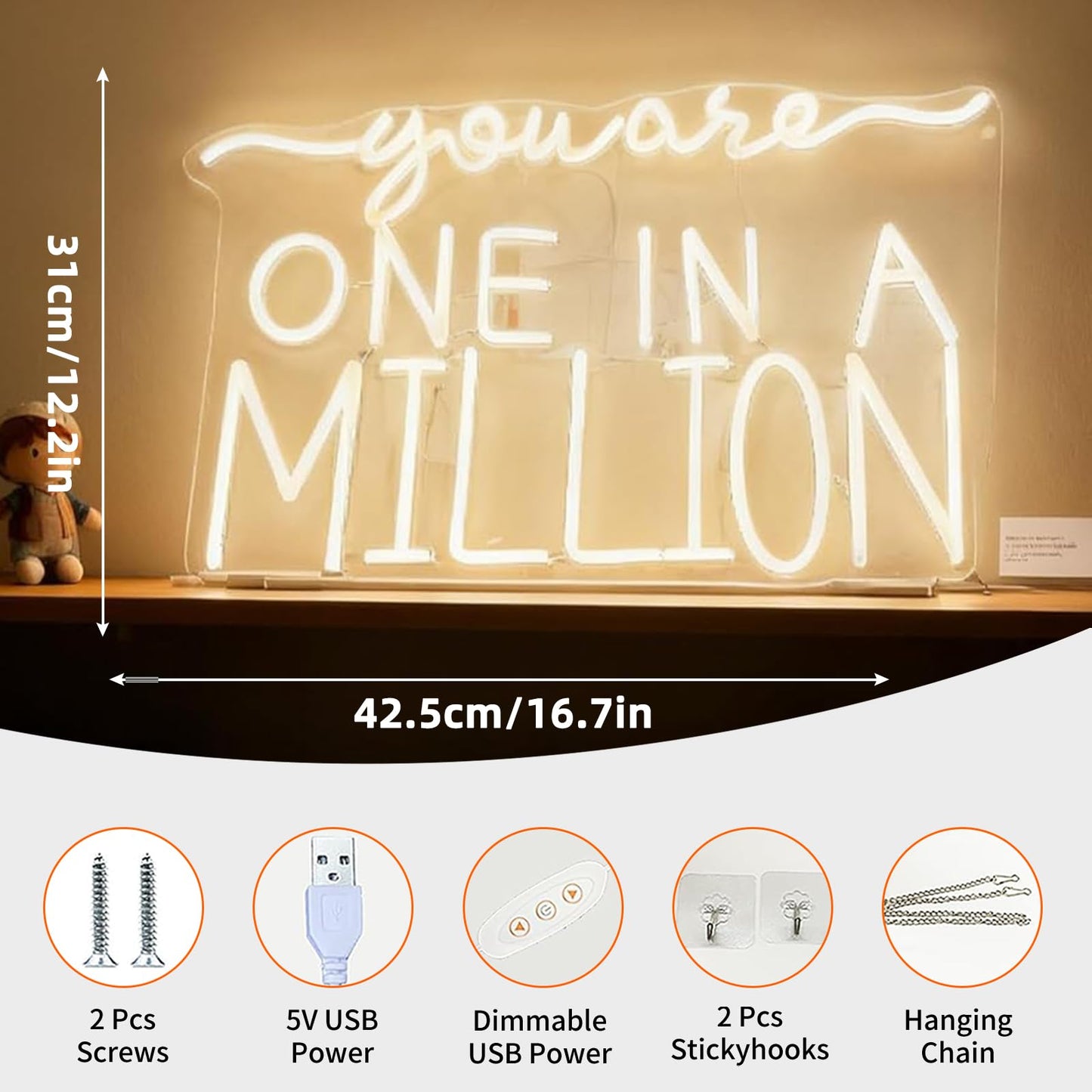 You Are One in a Million Neon Sign - USB Powered Dimmable Neon Light for Bedroom Living Room Home Decor Cafe Bar Party Wall Table Art Decorations Gift for Teen Girls Adults 16.7 x 12.2 In