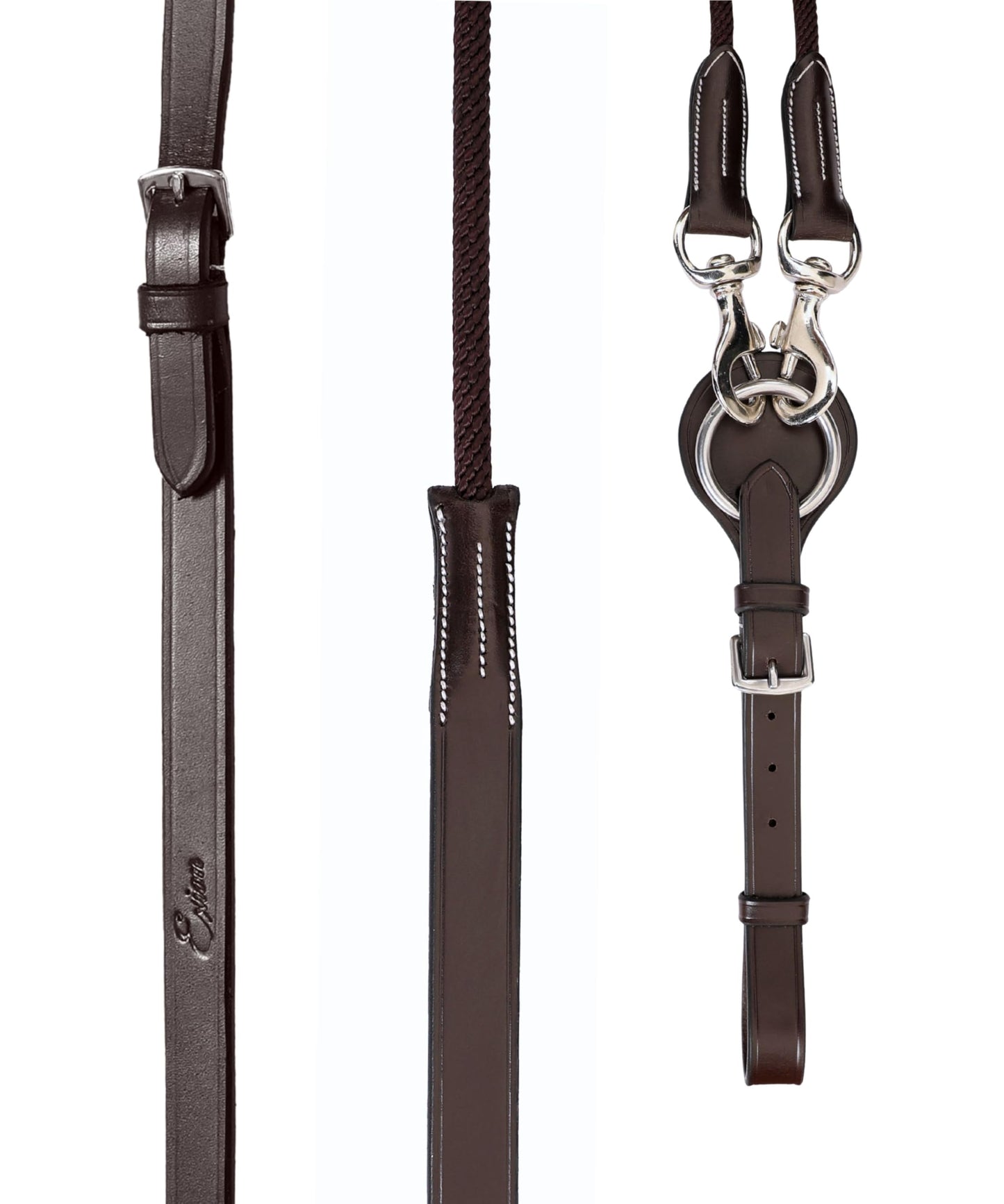 ExionPro Exion Leather and Rope Draw Reins for Horses, 6/8-19 mm Wide 90 inches Long with Buckle Guard Handle and Quick Snap | Premium Equestrian Training Draw Rein for Horses
