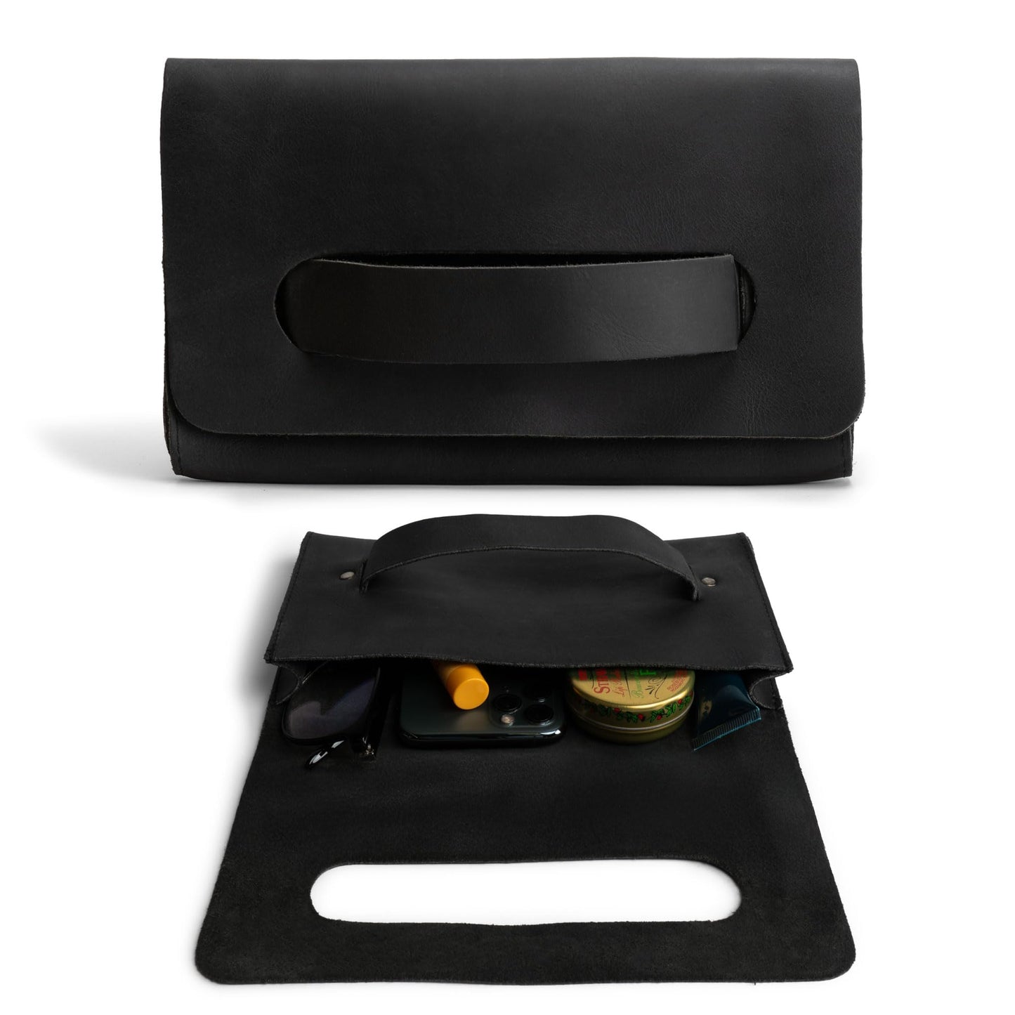 Hide & Drink, Rectangular Clutch Bag With Handle, Wallet for Cards, Money, Stylish Handbag, Full Grain Leather, Handmade, Charcoal Black