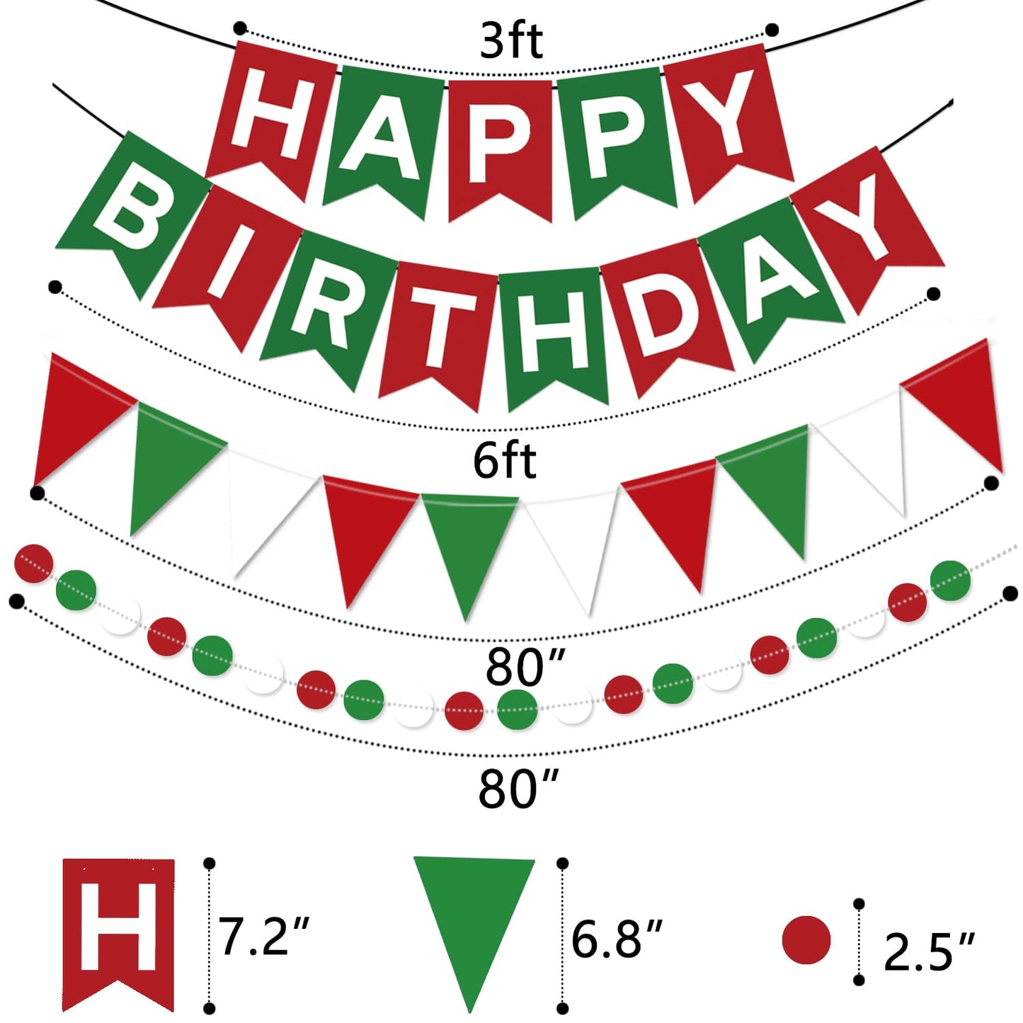 Christmas Birthday Party Decorations for Boys Girls, Pre-Strung Red-Green White Happy Birthday Banner with Honeycomb Balls, Christmas Tree Hanging Swirls, Circle Dots Garland, Triangle Pennant