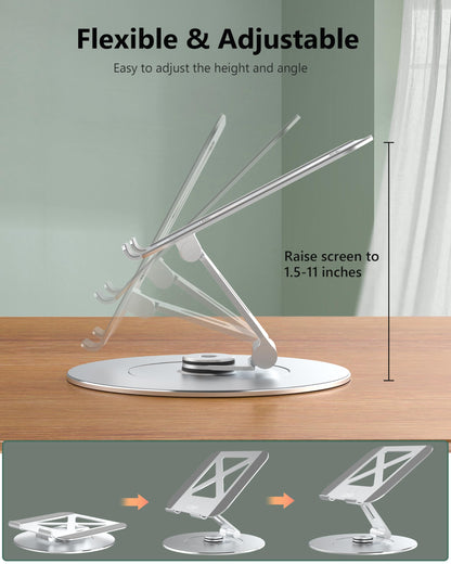LOXP Laptop Stand with Phone Holder, Adjustable Laptop Stand with 360 Rotating Base, Aluminum Computer Mount Holder, Ergonomics Laptop Riser for Desk, Fits MacBook, up to 17.3" All Notebooks Silver