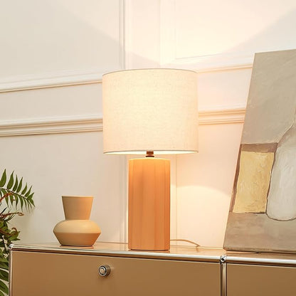 GLOBE Electric 61000062 20" Ribbed Ceramic Table Lamp, Matte Terracotta Finish, White Linen Shade, On/Off Rotary Switch on Socket, for Living Room, Bedroom, Office, Home Décor