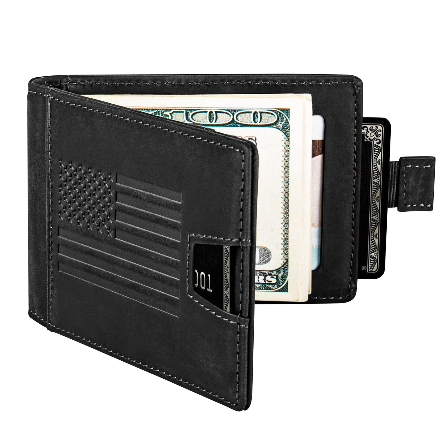Military Veteran Products - Black Crazy Horse Leather Bi-Fold Card Holder with Money Clip Black American Flag Wallet
