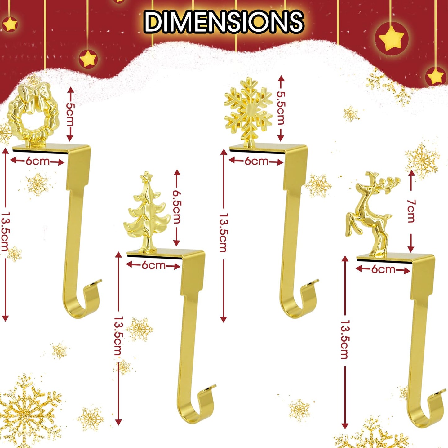 Komotu 4 Pcs Christmas Stocking Holders for Mantle, Upgrade Non-Slip Safety Mantel Hooks Hanger Grip Fireplace Hang Hook for Christmas Halloween Party Decoration(Gold)