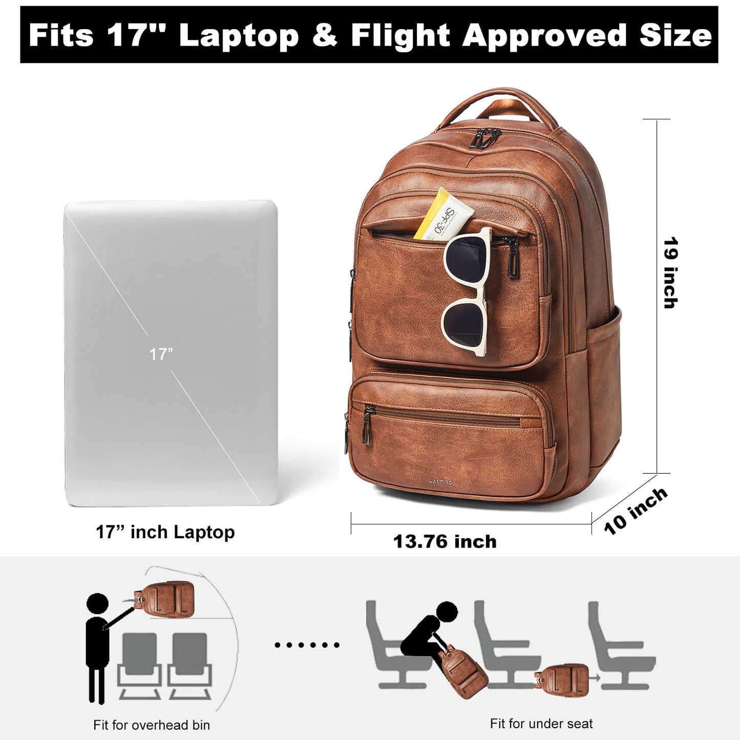 LATMAP 43L Backpack For Women Men Vegan Leather Backpack Purse Shoulder Bookbag 17 16 15.6 Inch Laptop Bag Handbags For Travel Work College Large Brown