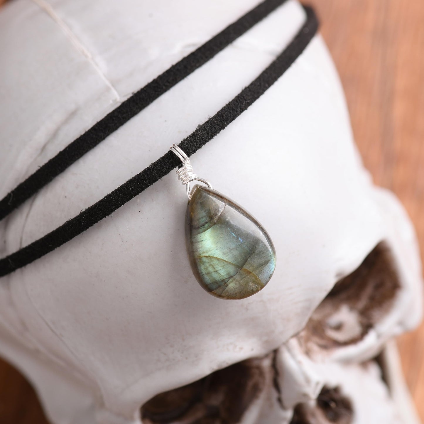 RareLove Black Leather Layering Choker Necklace for Women 925 Sterling Silver Teardrop Labradorite Stone Pendant Healing Crystal Necklace Gothic Boho Anxiety Jewelry