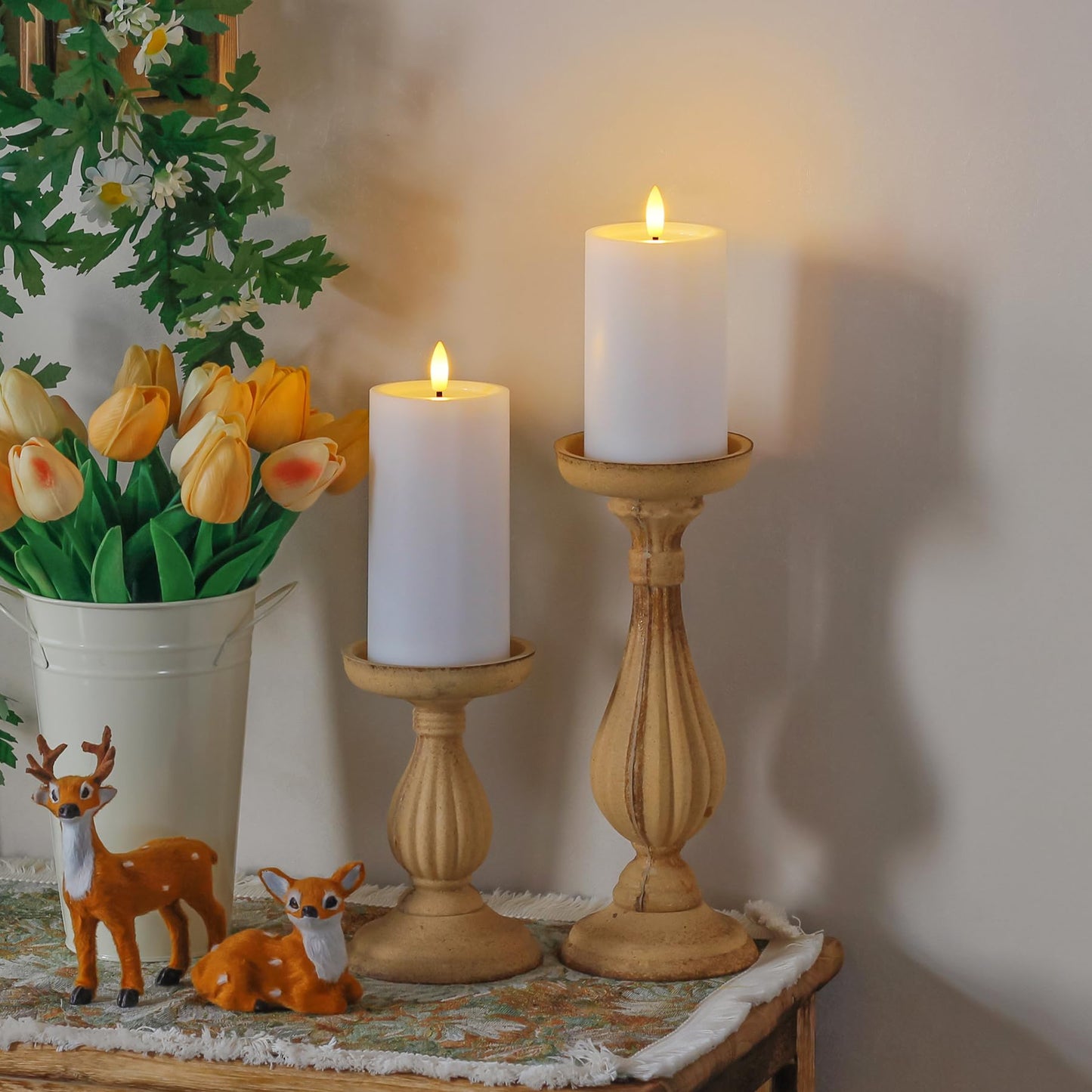 Yeelida Outdoor 6pcs Flameless Waterproof Candles with Handy Remote Control, Cycle Timer Battery Operated Candle Grease Effect LED Flickering Pillar Plastic Long Lasting (White, 3" x4" 5" 5" 6" 6" 7")