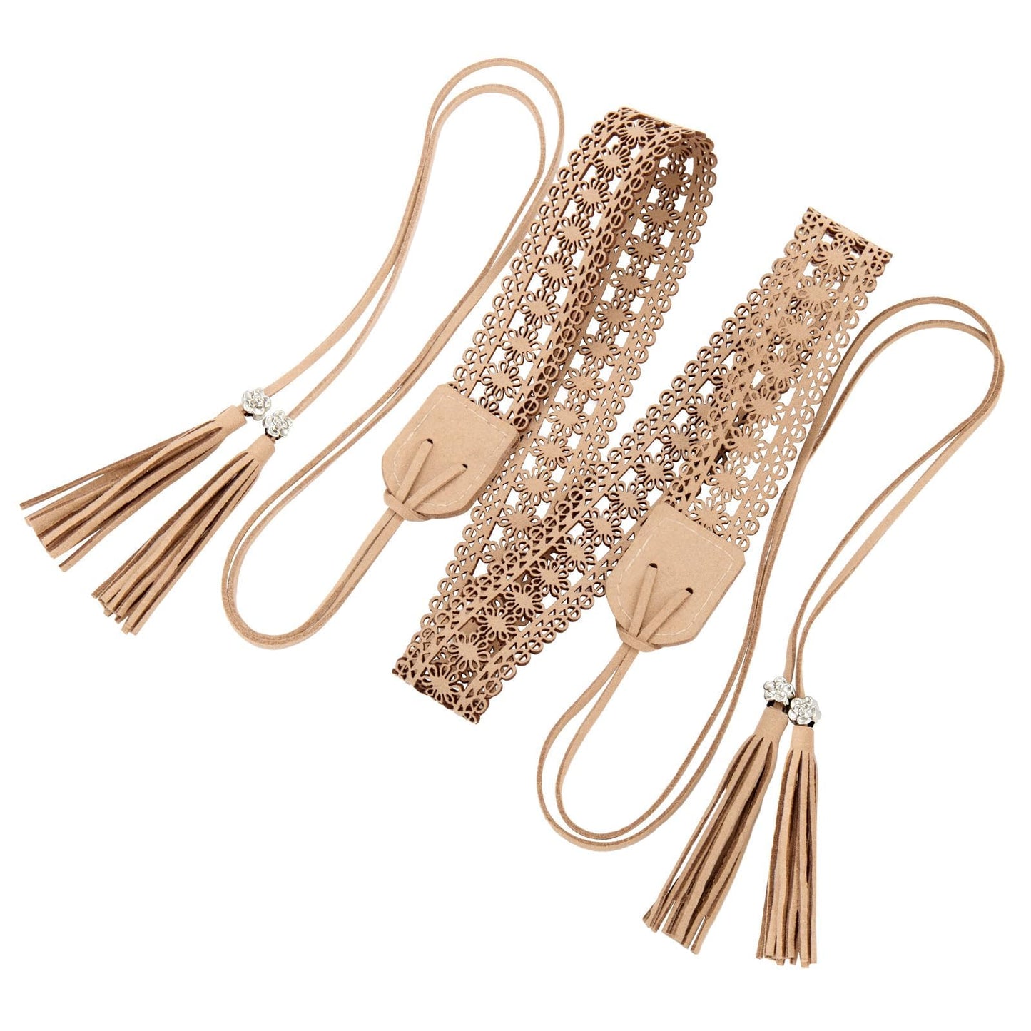 WHIPPY Boho Braided Tassel Belt for Women Western Ethnic Dress Belts Cowgirl Vintage Hollow Floral Waistband with Wax Rope, Beige S