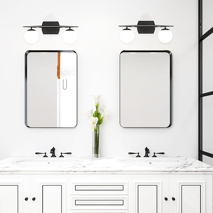 Black Vanity Lights for Bathroom, 2-Light 20 Inch Bathroom Lighting Fixtures over Mirror with Milky White Frosted Glass Shades, Wall Sconces for Bathroom, Bedroom, Living Room(G9 Bulb not Included)
