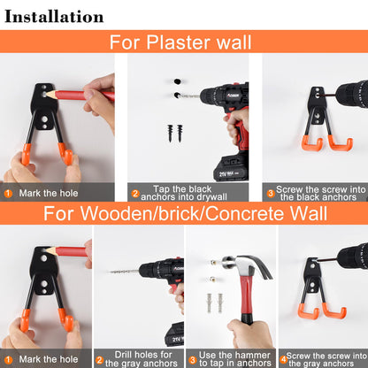 AOBEN 24PCS Garage Hooks, Heavy Duty Double Garage Hanger Organizer Wall Mount Iron Anti-Slip Garage Storage Hooks for Ladder, Power Tool,Bike,Ropes（23 Hooks & 1 hoder Strap-Orange